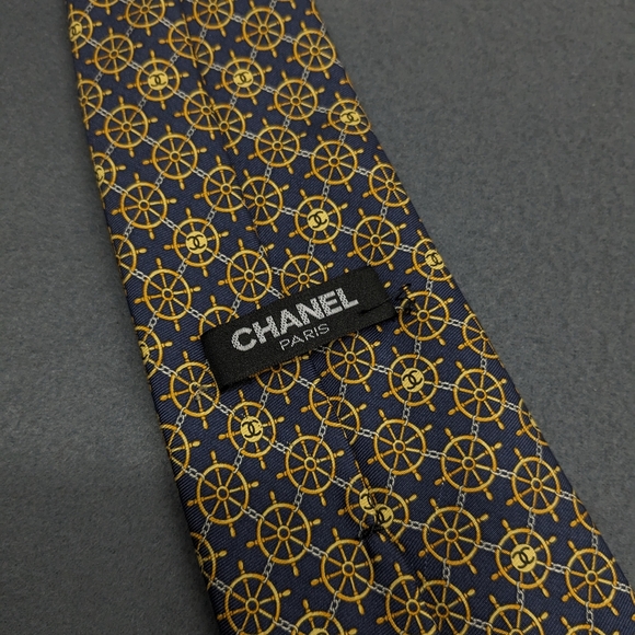 Chanel Paris Captains Wheel Pattern Tie Navy Blue Gold - Picture 6 of 12